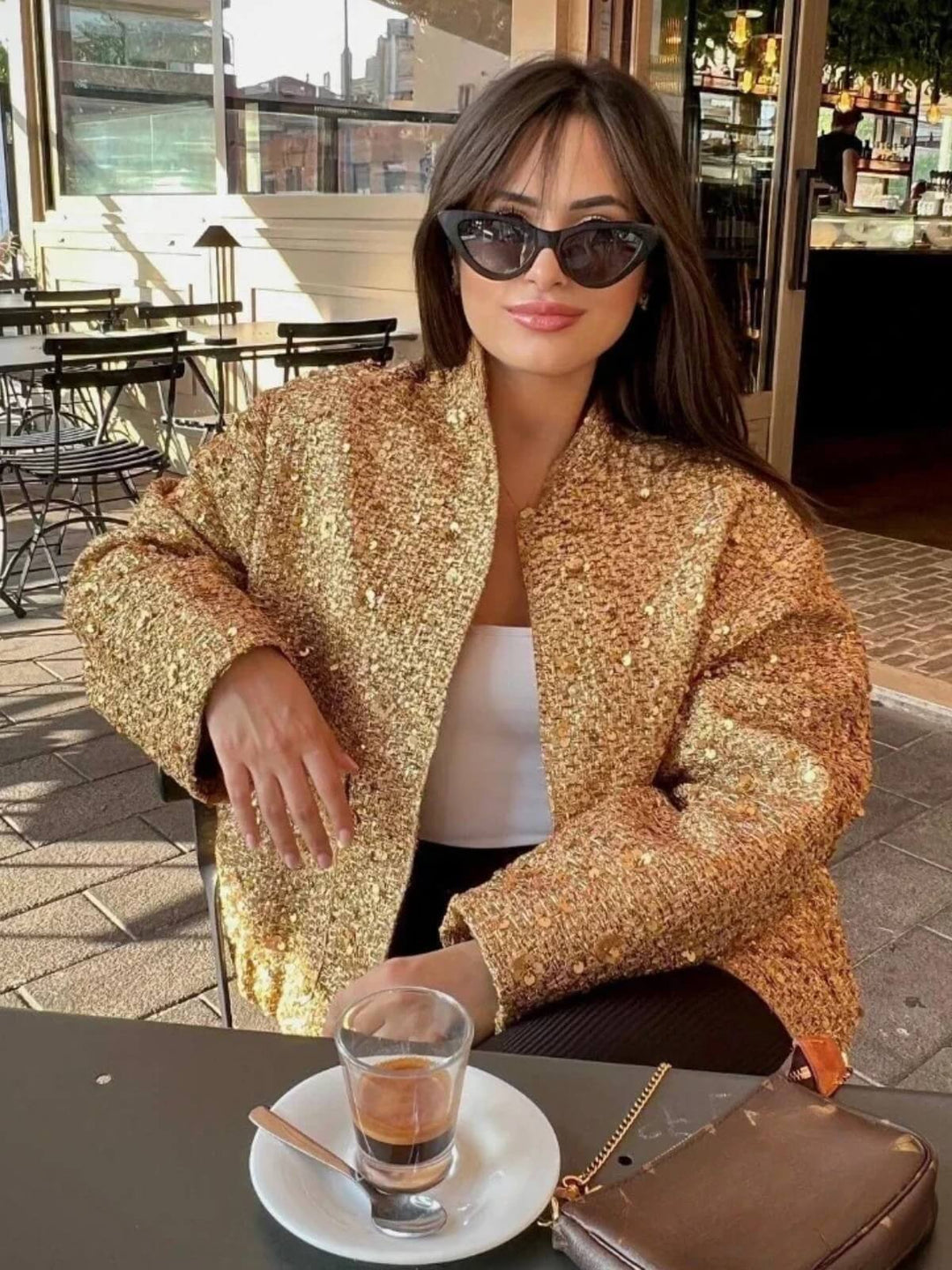 Women's Sequined O-Neck Long Sleeves Bomber Jacket