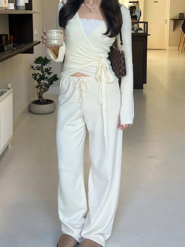 Fashion Two-Piece Flare Sleeve Crop Cardigan Top Lace-up And Loose Pants