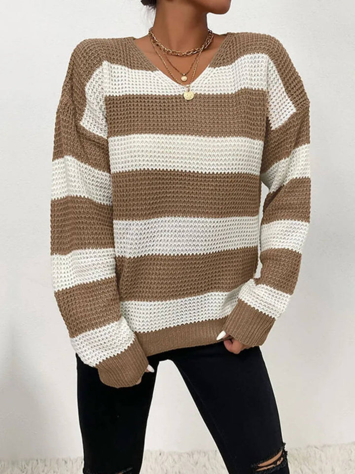 Long Sleeve V-Neck Loose Striped Sweater