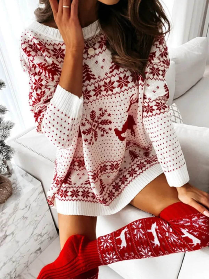 Oversized Long Sleeve Off-Shoulder Christmas Sweater