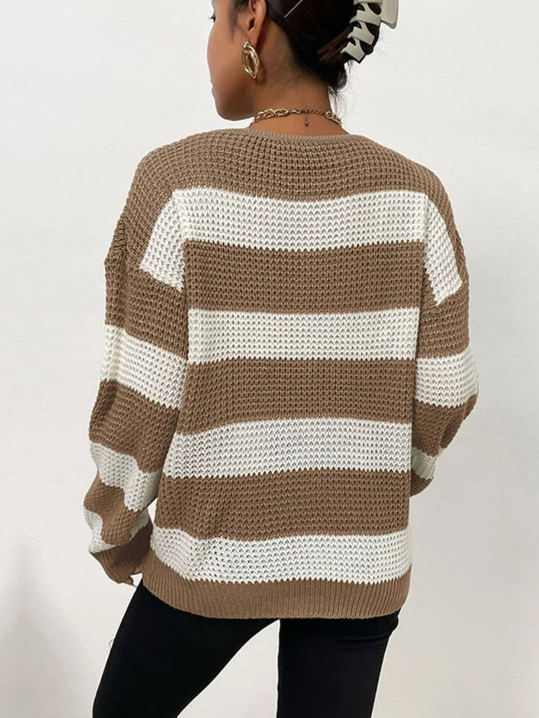 Long Sleeve V-Neck Loose Striped Sweater