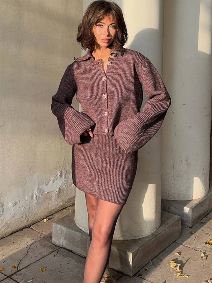 Women's Two-Piece Lapel Flare Sleeve Cardigan & Mini Skirt Set