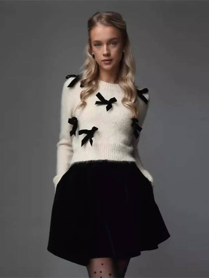 Elegant Long Sleeve Slim 3d Bow Round Neck Sweater