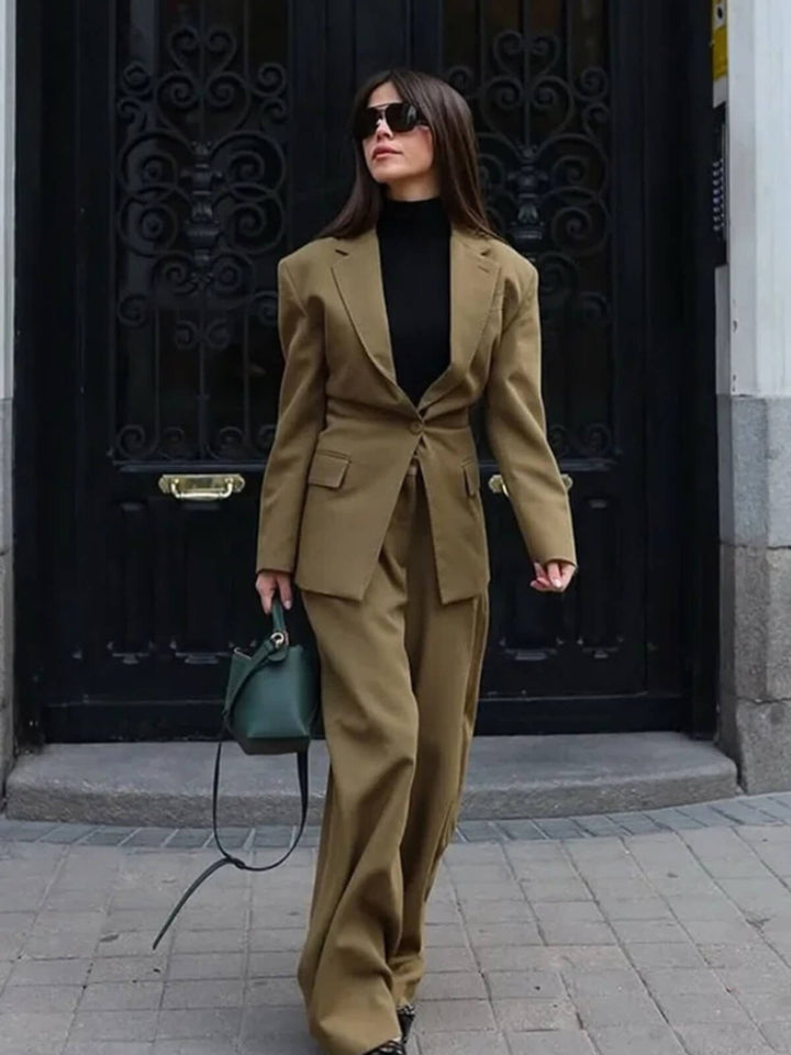 Women's Button-Up Jacket With High-Waisted Wide-Leg Pants Suit Set