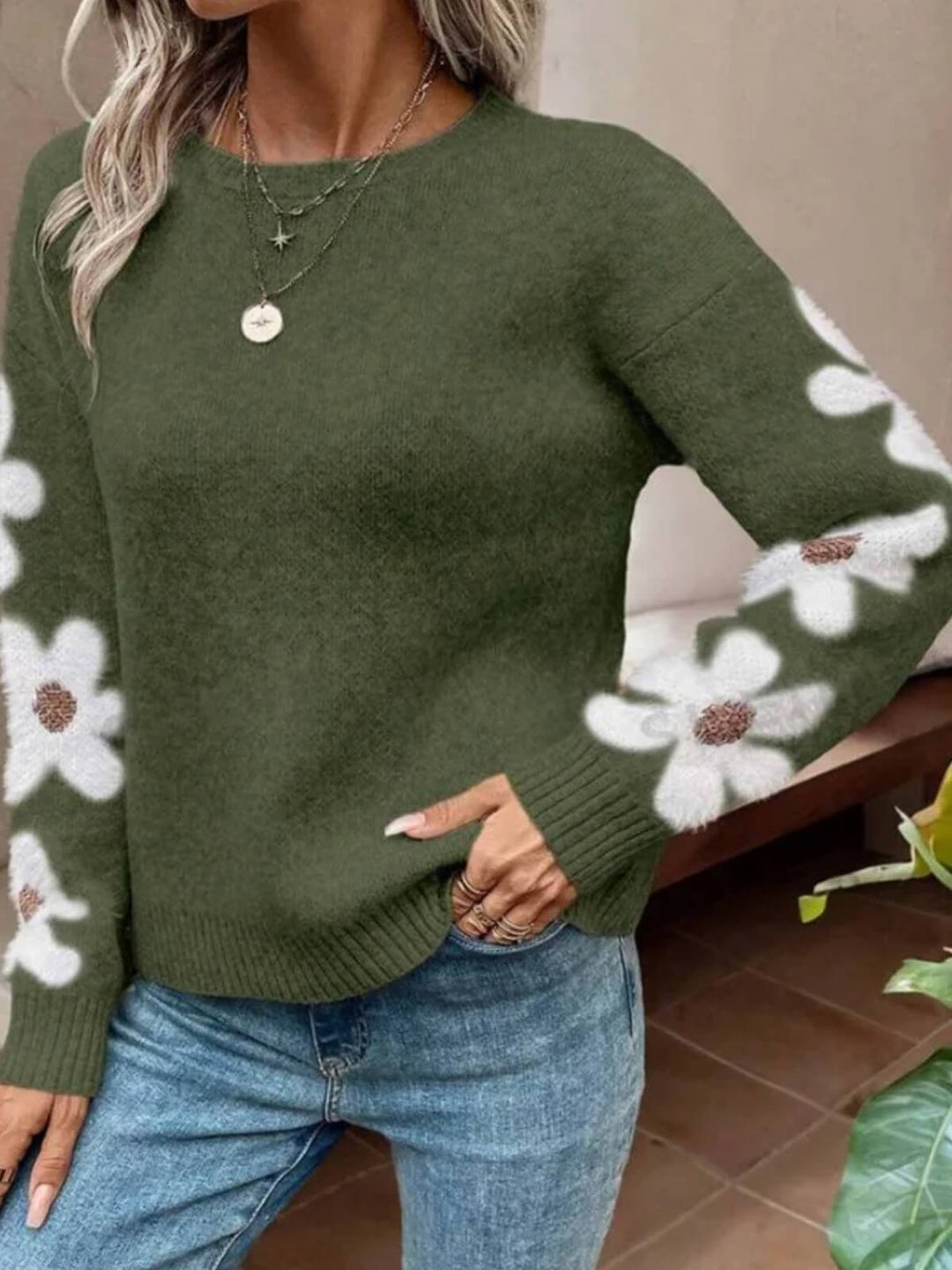 Floral Pattern Drop Shoulder Sweater