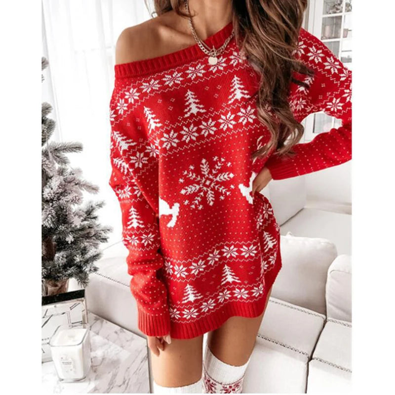 Oversized Long Sleeve Off-Shoulder Christmas Sweater