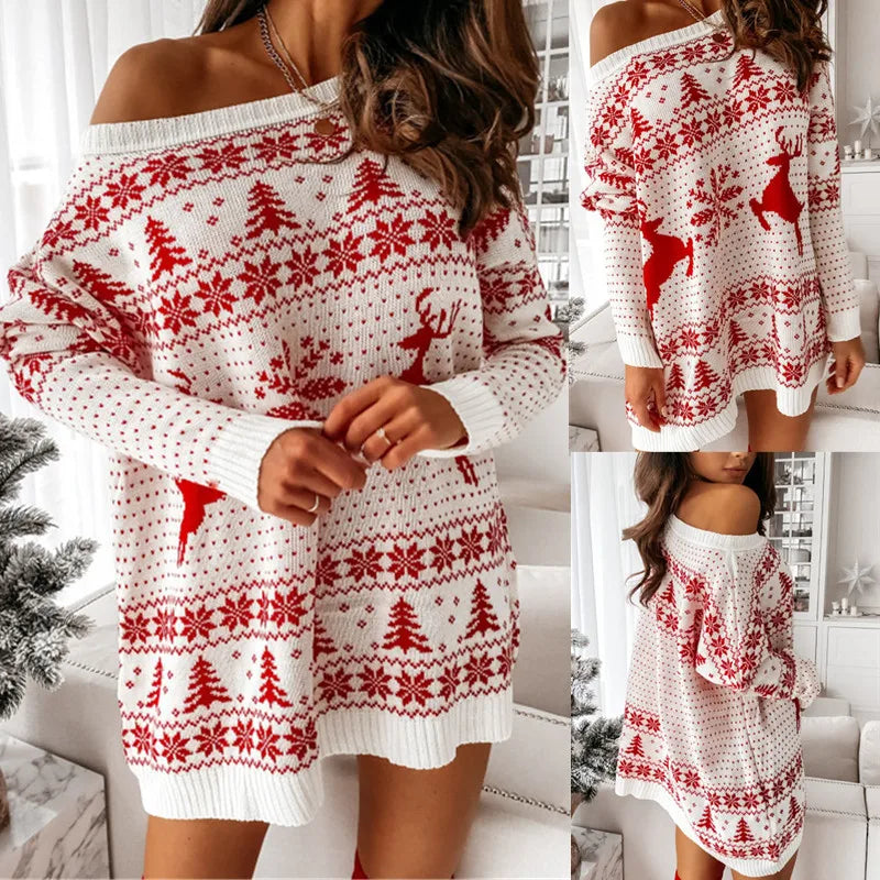 Oversized Long Sleeve Off-Shoulder Christmas Sweater