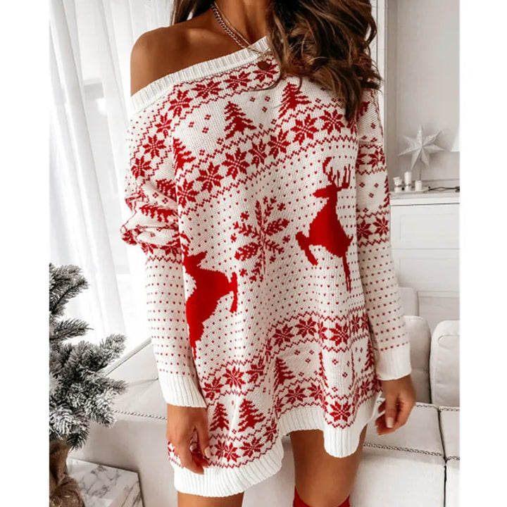 Oversized Long Sleeve Off-Shoulder Christmas Sweater