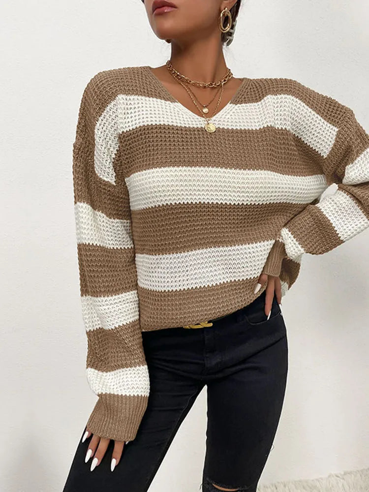 Long Sleeve V-Neck Loose Striped Sweater