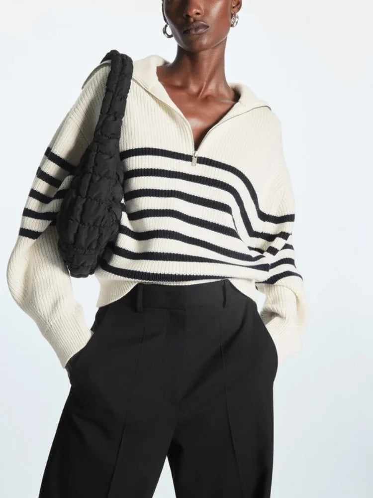 Women's Turtleneck Loose Lapel Striped Knitwear