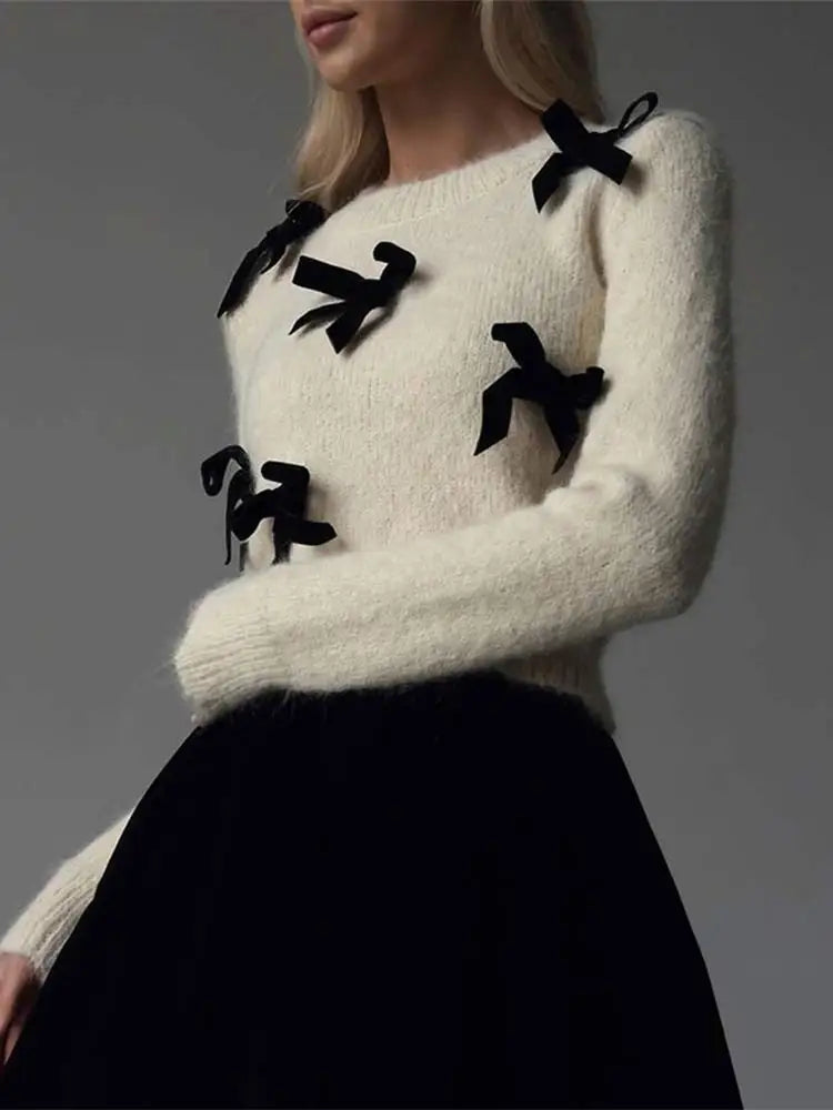 Elegant Long Sleeve Slim 3d Bow Round Neck Sweater