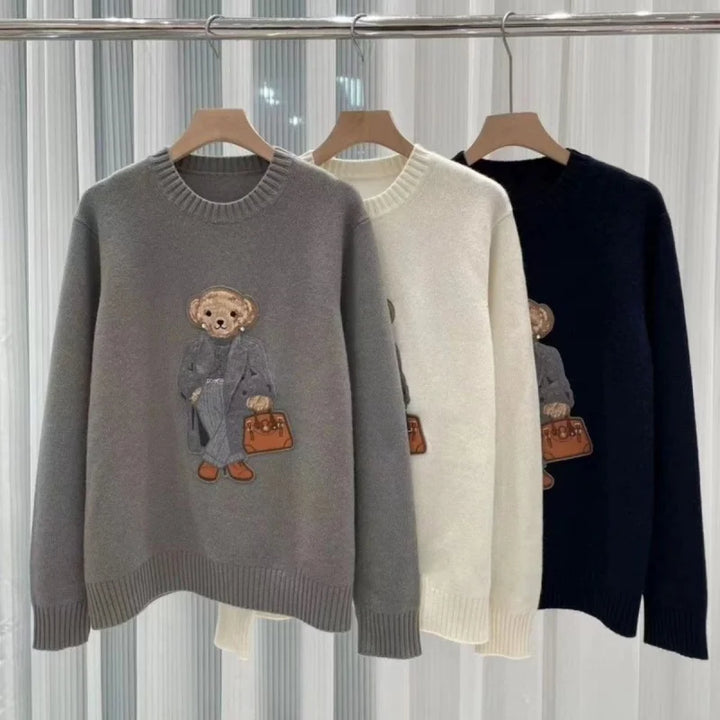 Women's Pullover Loose Fit O-Neck Bear Sweater