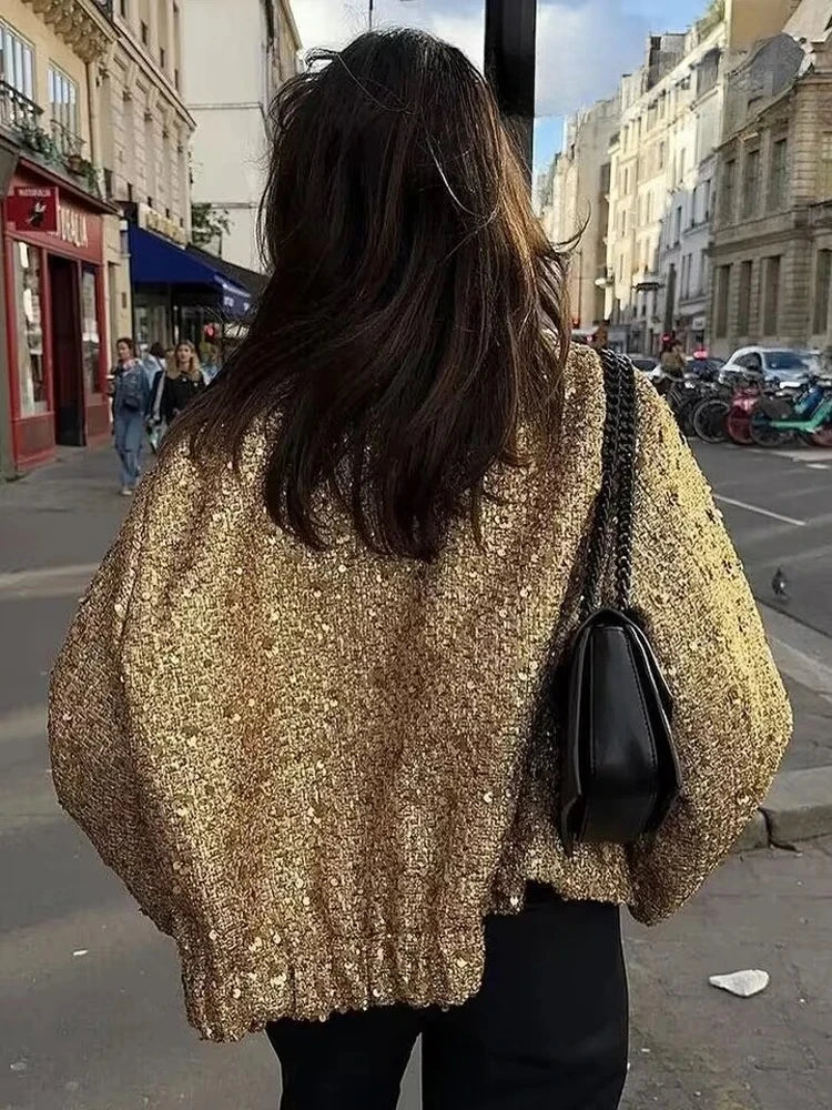 Women's Sequined O-Neck Long Sleeves Bomber Jacket