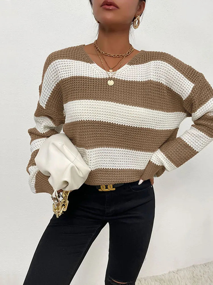 Long Sleeve V-Neck Loose Striped Sweater