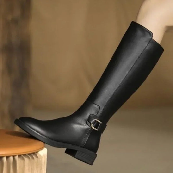 Leather Knee Boots With Metal Buckle