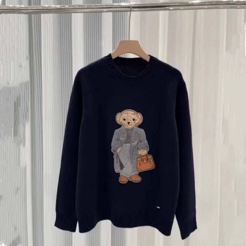 Women's Pullover Loose Fit O-Neck Bear Sweater