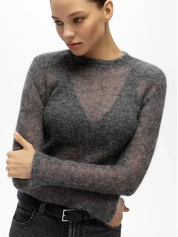 Casual Round Neck Long Sleeve Thin Slim Knitwear Top