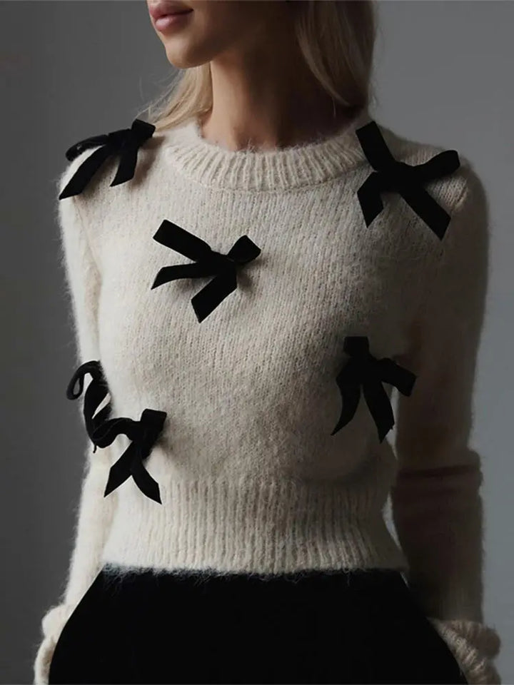 Elegant Long Sleeve Slim 3d Bow Round Neck Sweater