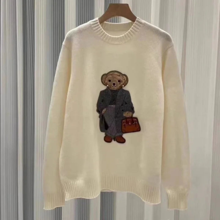 Women's Pullover Loose Fit O-Neck Bear Sweater